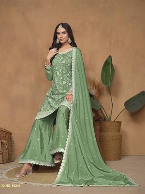Green embroidered chinnon sharara suit with chinnon dupatta 3