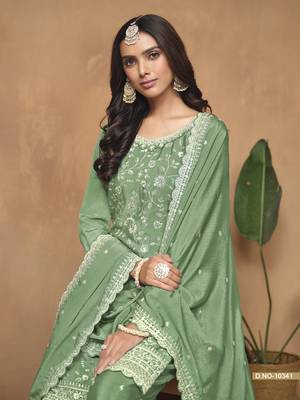 Green embroidered chinnon sharara suit with chinnon dupatta 4
