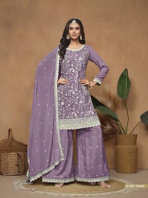 Purple embroidered chinnon sharara suit with chinnon dupatta 1