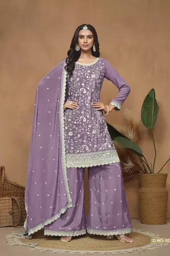 Purple color chinnon sharara  suits with chinnon dupatta