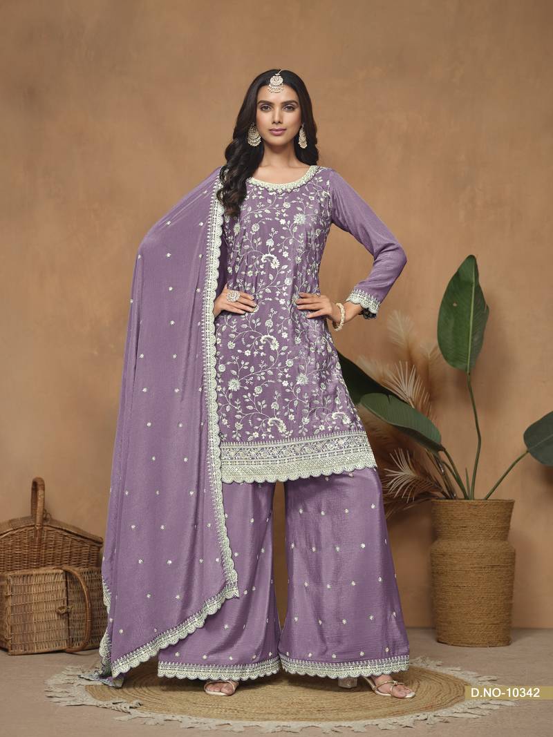 Purple color chinnon sharara  suits with chinnon dupatta