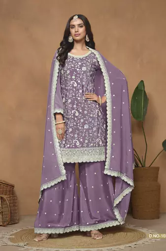 Purple embroidered chinnon sharara suit with chinnon dupatta