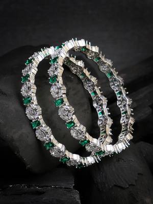 Women rhodium-plated green stone-studded bangles 1