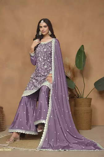 Purple embroidered chinnon sharara suit with chinnon dupatta