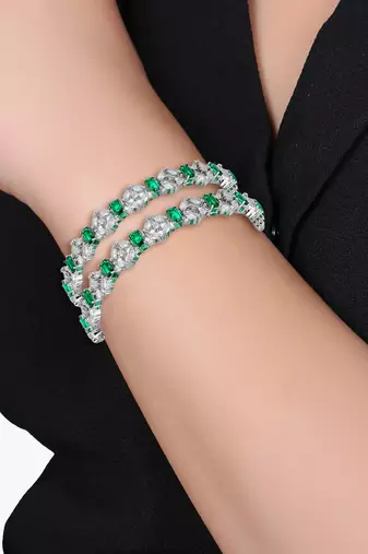 Women rhodium-plated green stone-studded bangles
