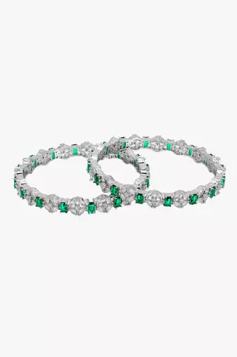 Women rhodium-plated green stone-studded bangles