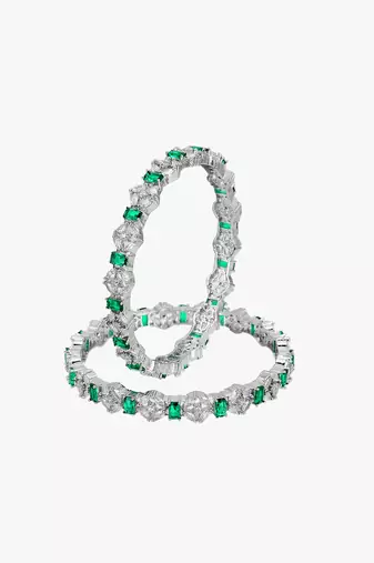 Women rhodium-plated green stone-studded bangles