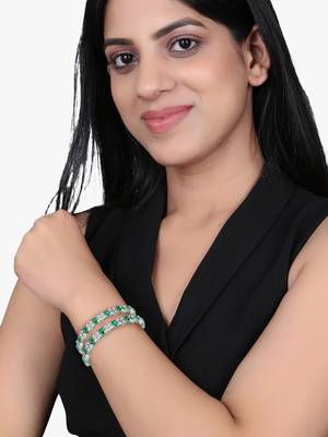 Women rhodium-plated green stone-studded bangles 5