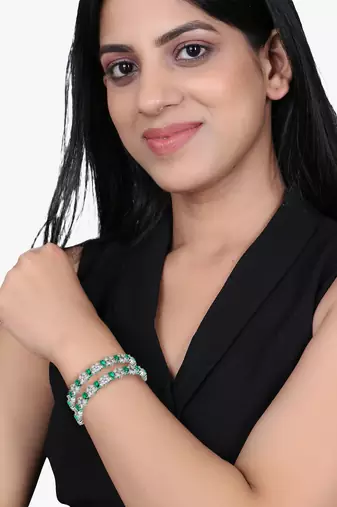 Women rhodium-plated green stone-studded bangles