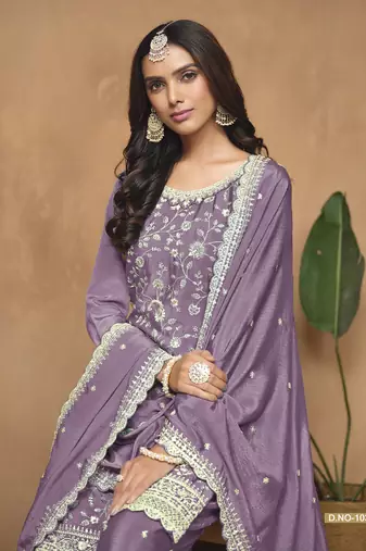 Purple embroidered chinnon sharara suit with chinnon dupatta