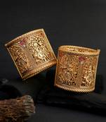 Women gold-plated temple design stone studded broad bangles