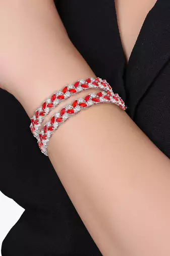 Women rhodium-plated red stone-studded bangles