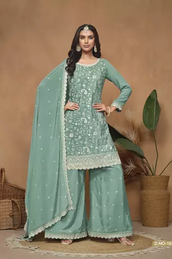 Aqua blue  color chinnon sharara  suits with chinnon dupatta
