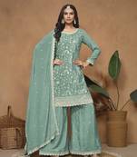 Aqua blue embroidered chinnon sharara suit with chinnon dupatta