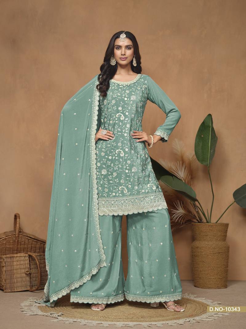 Aqua blue  color chinnon sharara  suits with chinnon dupatta