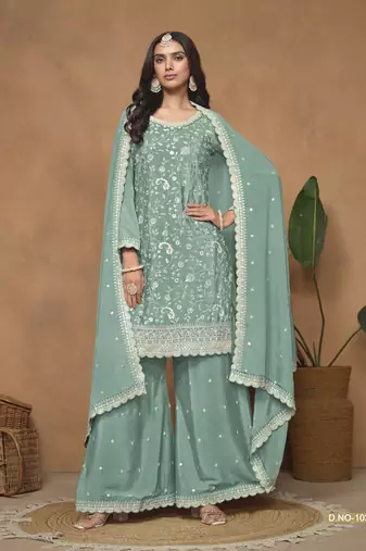 Aqua blue embroidered chinnon sharara suit with chinnon dupatta