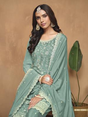Aqua blue embroidered chinnon sharara suit with chinnon dupatta 4