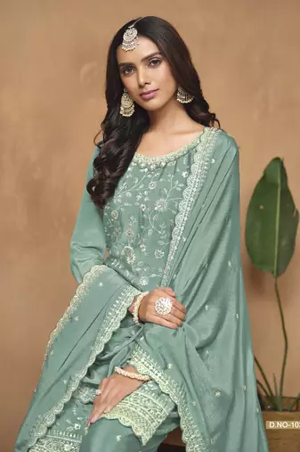 Aqua blue embroidered chinnon sharara suit with chinnon dupatta
