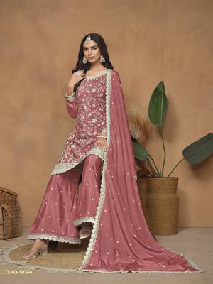 Peach embroidered chinnon sharara suit with chinnon dupatta 3