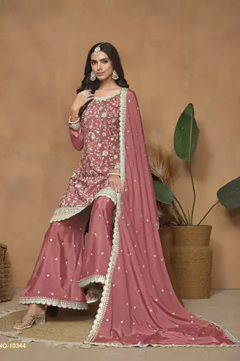 Peach embroidered chinnon sharara suit with chinnon dupatta