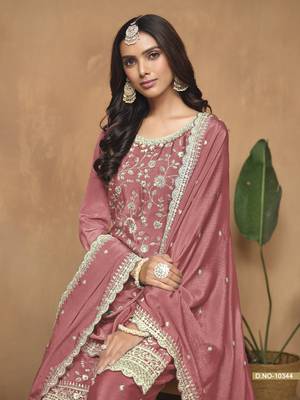 Peach embroidered chinnon sharara suit with chinnon dupatta 4