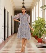 Vaasva women sky blue organza marble printed dress