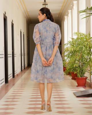 Vaasva women sky blue organza marble printed dress 2