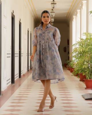Vaasva women sky blue organza marble printed dress 3