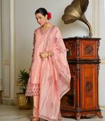 Vaasva women orange chanderi block printed embroidered kurta set with solid pants & dupatta