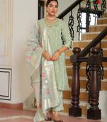 Vaasva women aqua tissue brocade embroidered kurta with scalloped pant & dupatta