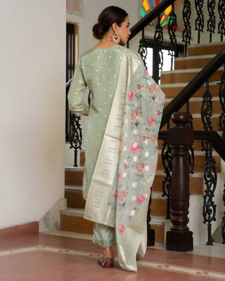 Vaasva women aqua tissue brocade embroidered kurta with scalloped pant & dupatta 2