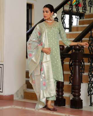 Vaasva women aqua tissue brocade embroidered kurta with scalloped pant & dupatta 4