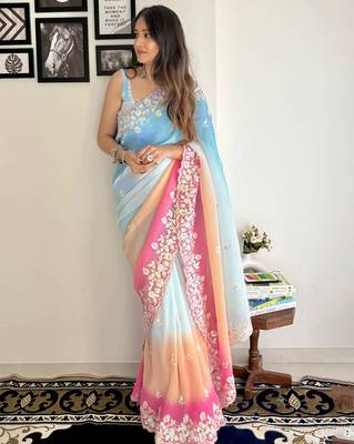 Skyblue Bollywood Embroidered Georgette Saree With Blouse Piece 1