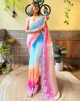 Skyblue Bollywood Embroidered Georgette Saree With Blouse Piece 2