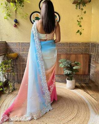 Skyblue Bollywood Embroidered Georgette Saree With Blouse Piece 3