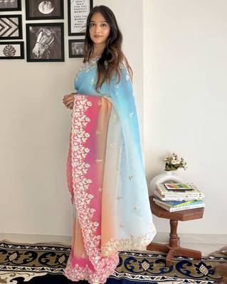 Skyblue Bollywood Embroidered Georgette Saree With Blouse Piece 5