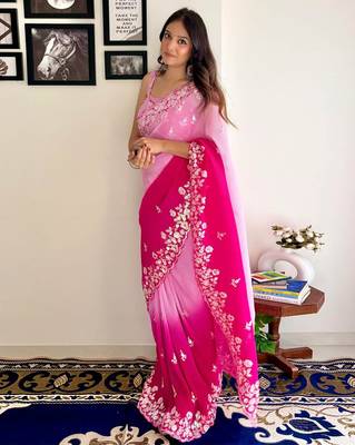 Magenta Bollywood Embroidered Georgette Saree With Blouse Piece 2