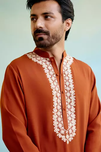 Orange flora dori kurta with narrow pants