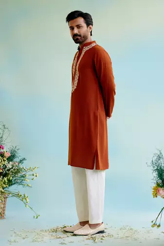 Orange flora dori kurta with narrow pants