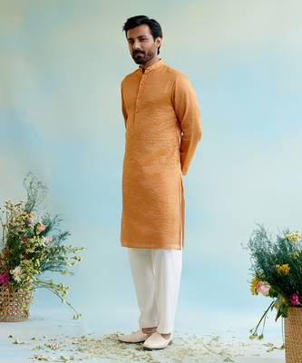 Orange kurta crushed tissue stripe textured with pant 1