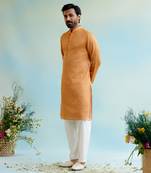 Orange kurta crushed tissue stripe textured with pant