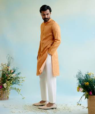 Orange kurta crushed tissue stripe textured with pant 2