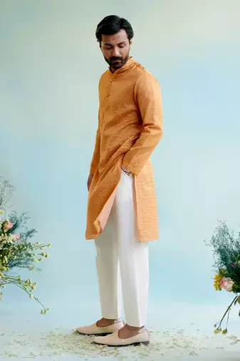 Orange kurta crushed tissue stripe textured with pant