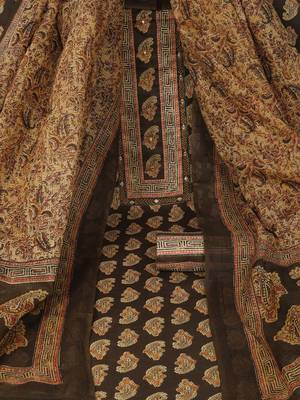 Unstitched printed suit set with traditional printed kota-doria dupatta and printed bottom. 1