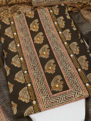 Unstitched printed suit set with traditional printed kota-doria dupatta and printed bottom. 2