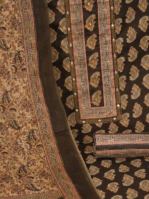 Unstitched printed suit set with traditional printed kota-doria dupatta and printed bottom. 3