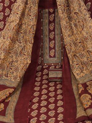 Unstitched printed suit set with traditional printed kota-doria dupatta and printed bottom. 1