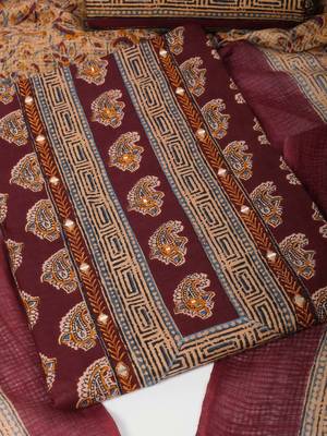 Unstitched printed suit set with traditional printed kota-doria dupatta and printed bottom. 2