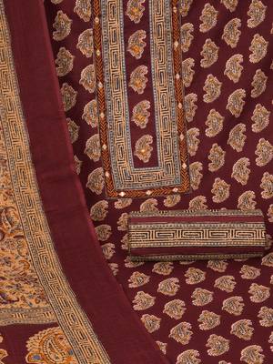 Unstitched printed suit set with traditional printed kota-doria dupatta and printed bottom. 3