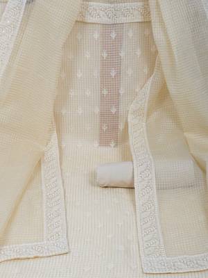 Unstitched chikankari suit set with kota-doria dupatta and plain bottom. 1